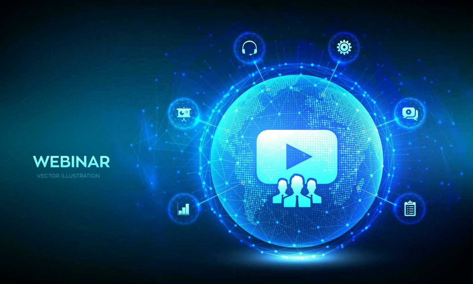 Webinar. Internet conference. Web based seminar. Online training courses. E-learning Training business technology concept. World map point and line composition. Earth planet globe. Vector illustration