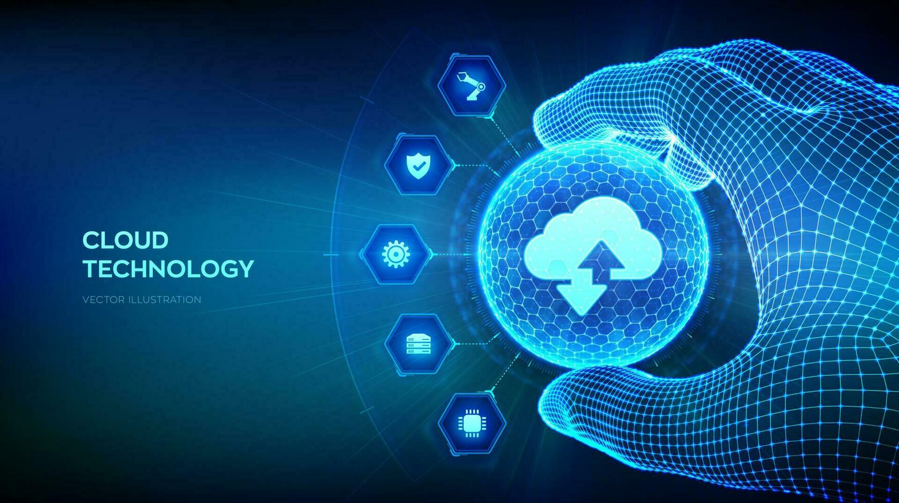 nube tecnología concepto en el forma de esfera con hexágono modelo en estructura metálica mano. nube datos almacenamiento icono con dos flechas arriba y abajo. grande datos. nube informática servicio. vector ilustración.