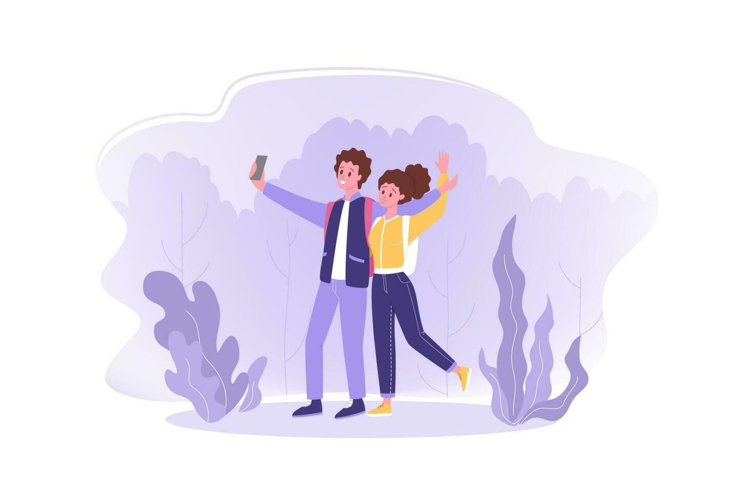 Travelling couple, hiking, tourism, nature, selfie concept vector