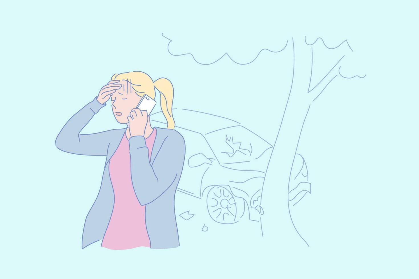 Traffic accident, car crash, bump into tree, stressful situation concept vector