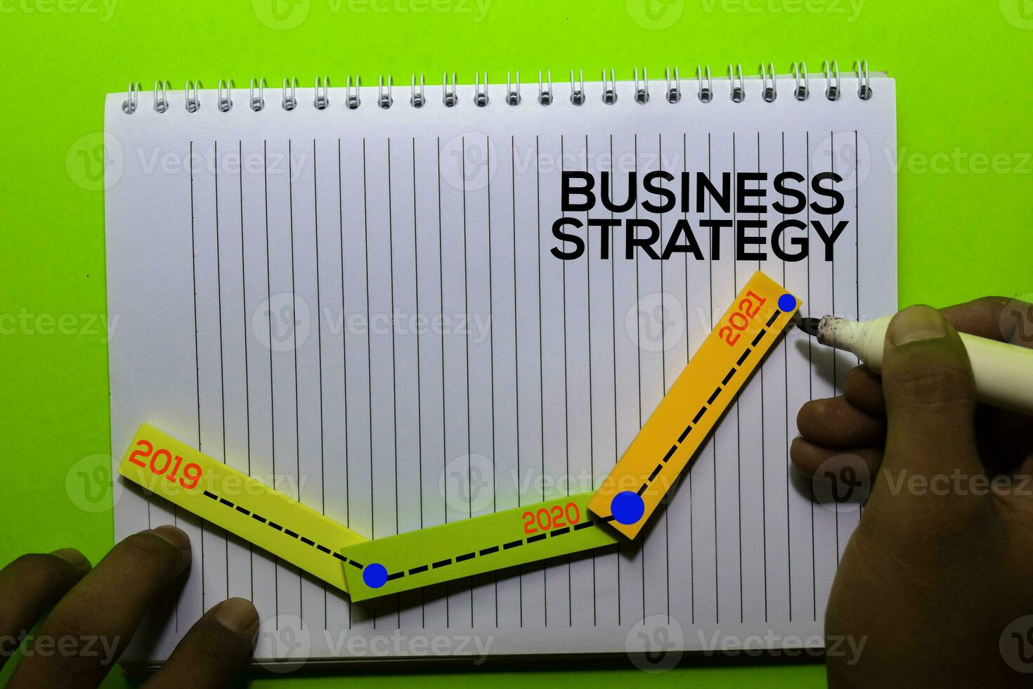 Timeline Business Strategy 2019 - 2020 - 2021 Years on Book. Isolated on office desk background photo