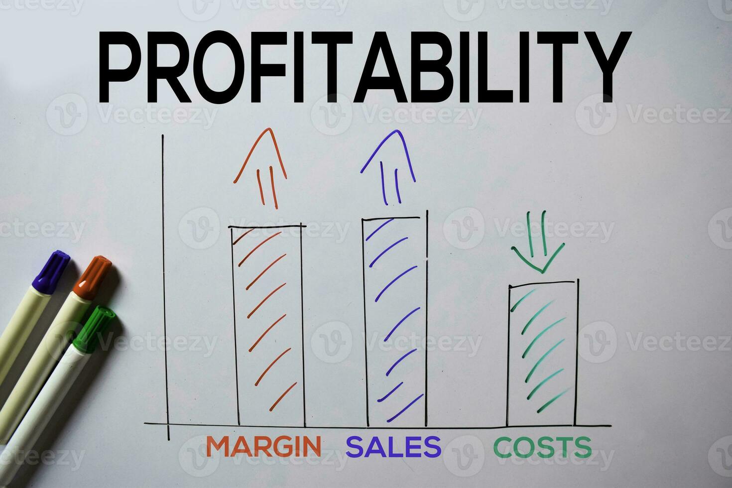 Profitability text with keywords isolated on white board background. Chart or mechanism concept. photo