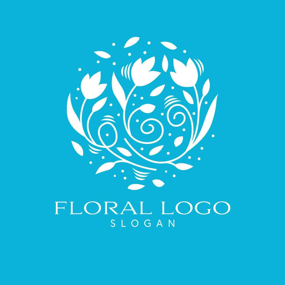 Floral vector logo design. Tulip flowers and leaves emblem. Cosmetics logo template.