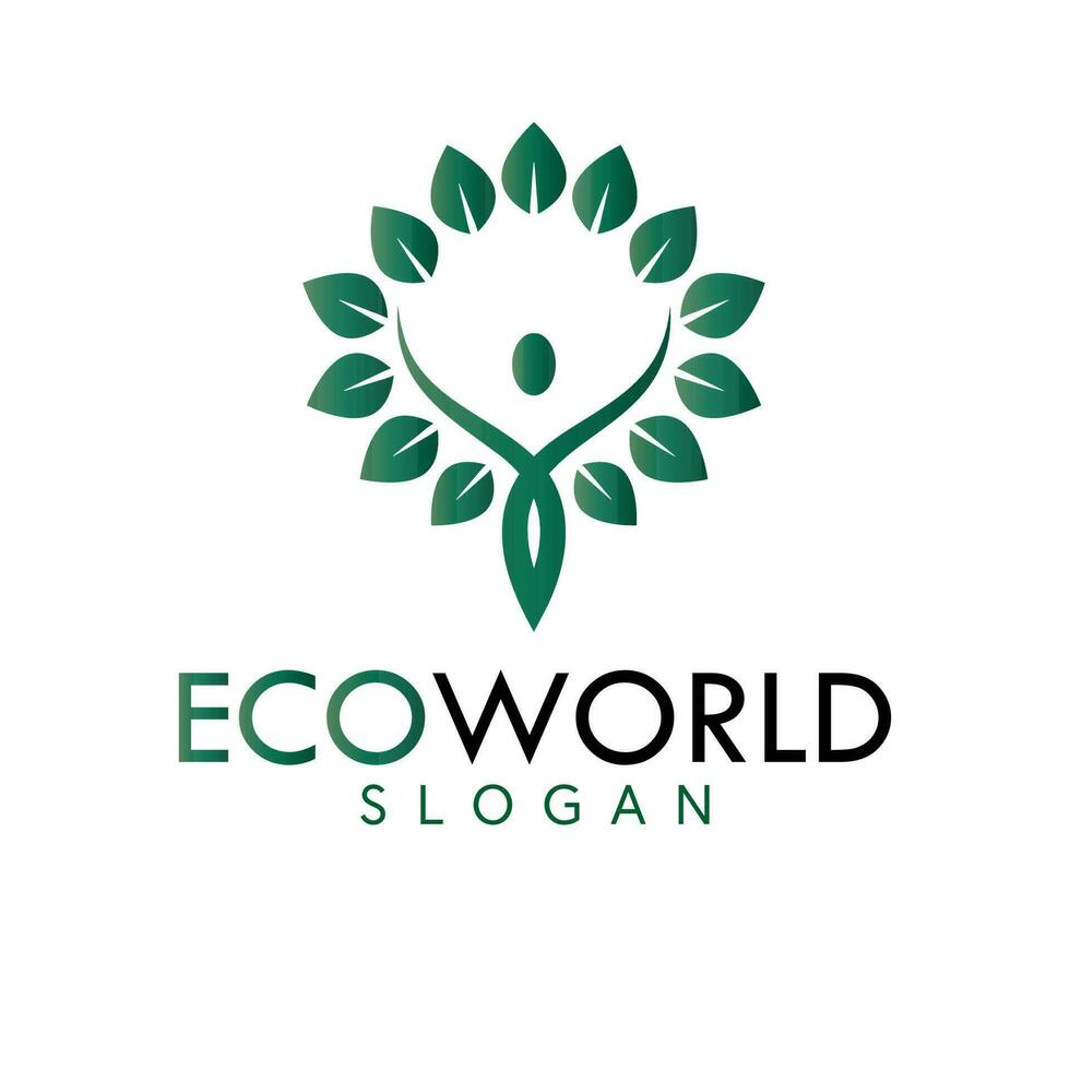 Eco world vector logo design. Human and leaves logotype. Organic emblem logo template.