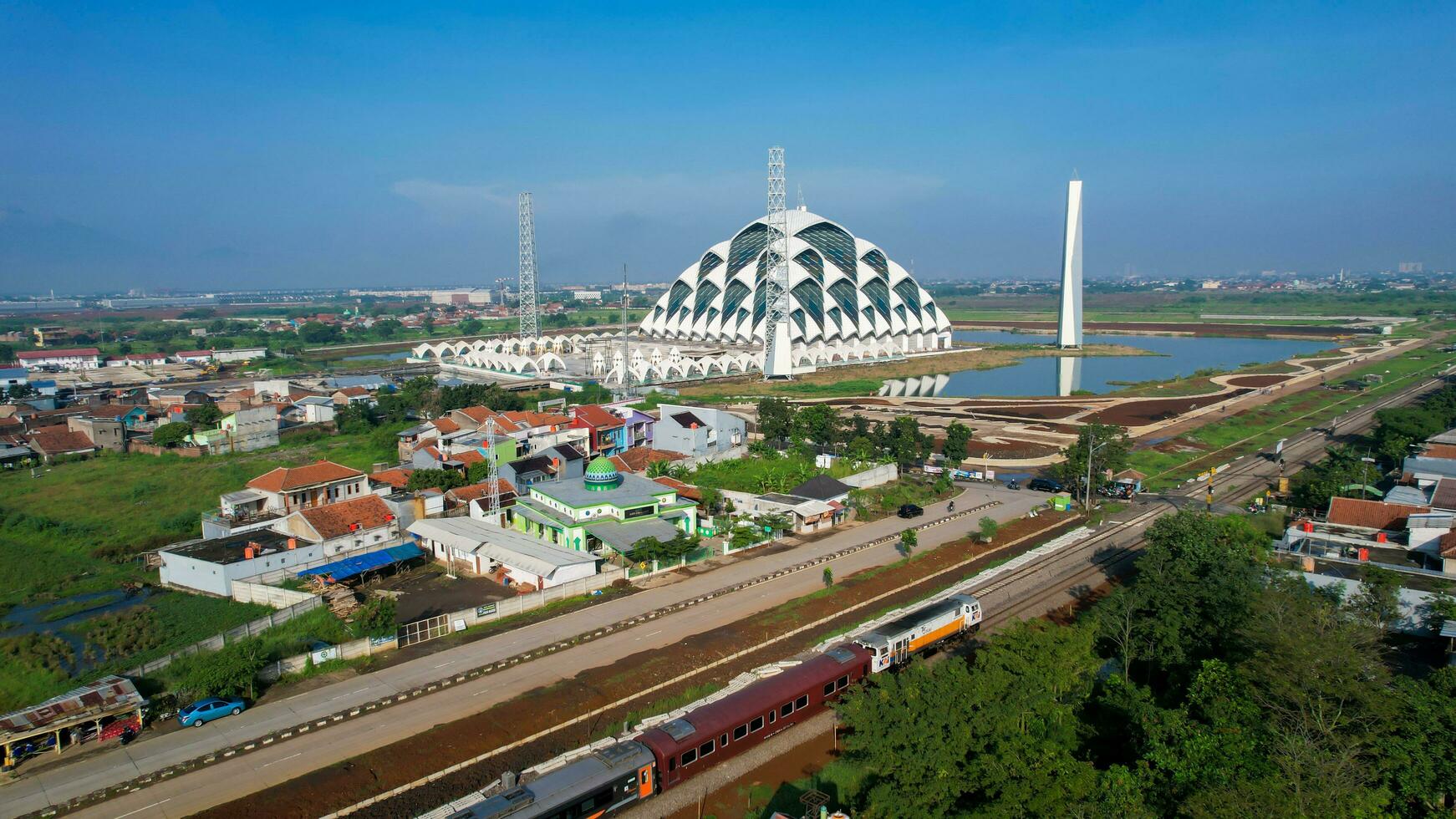 Aerial view of the Beautiful scenery Al-Jabbar Bandung mosque building, a large mosque in the city of Bandung. Bandung, Indonesia, May 6, 2022 photo