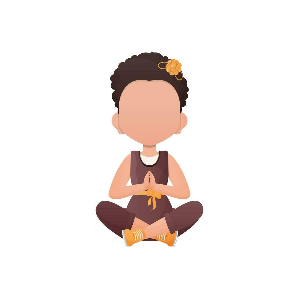 Little girl sits in the lotus position. Isolated on white background. Vector illustration in cartoon style.