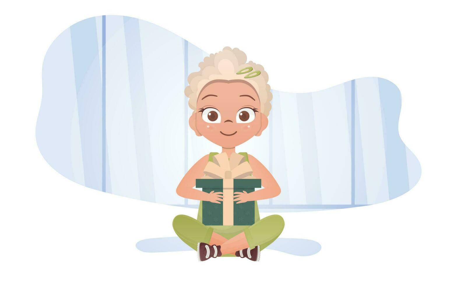A cute little girl sits in a lotus position with a gift in her hands. Vector. vector