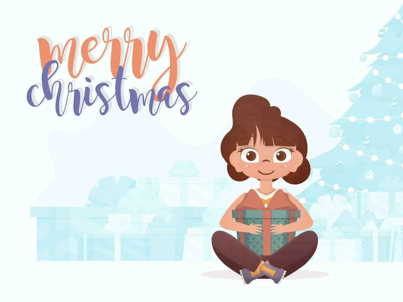 A cute little girl is holding a gift box in her hands. Merry christmas postcard. Flat style. vector