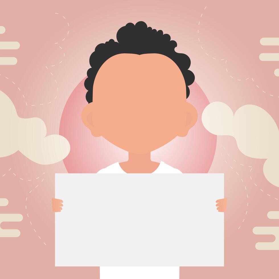 A cute little boy is holding a blank sheet of paper in his hands. Place for your text. Vector illustration in cartoon style.