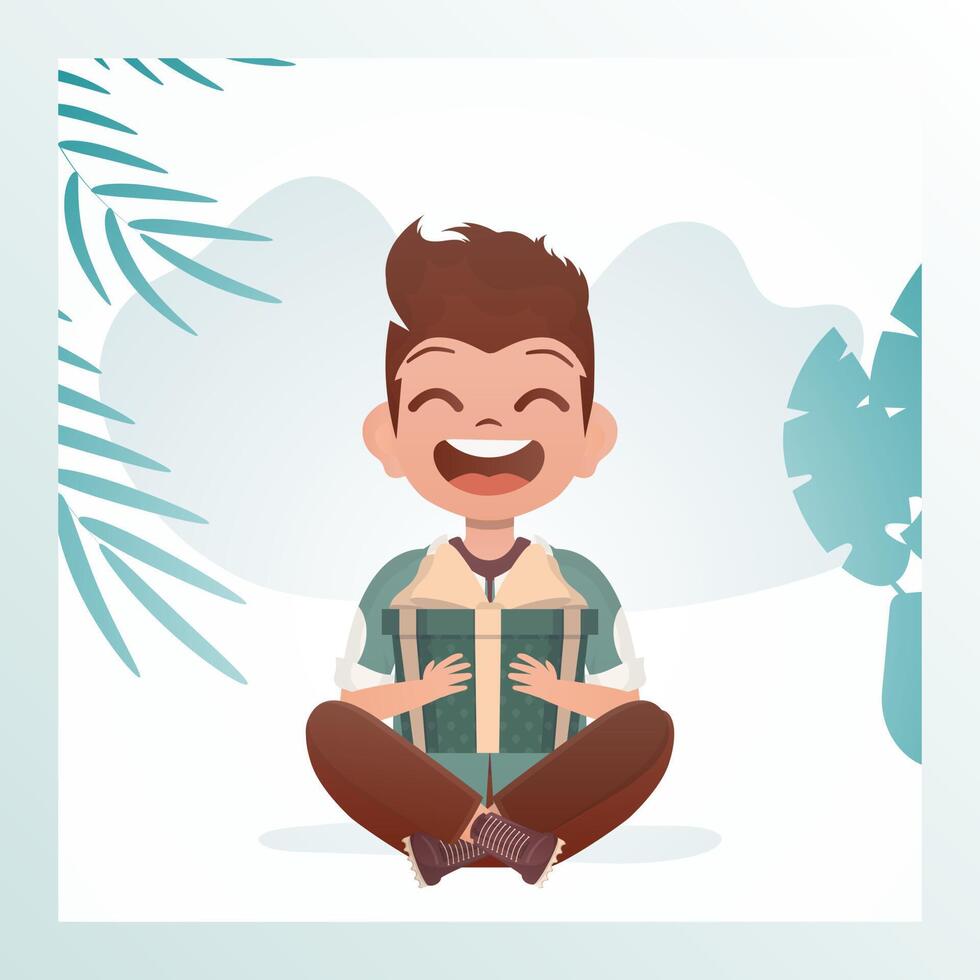 A happy child boy sits in a lotus position and holds a box with a bow in his hands. Birthday, new year or holidays theme. Cartoon style. illustration. vector