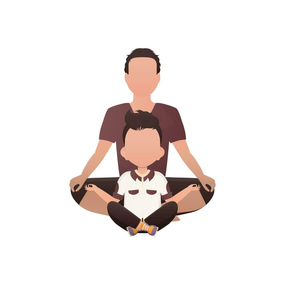 un hombre con un linda pequeño chico son sentado meditando aislado. dibujos animados estilo. vector