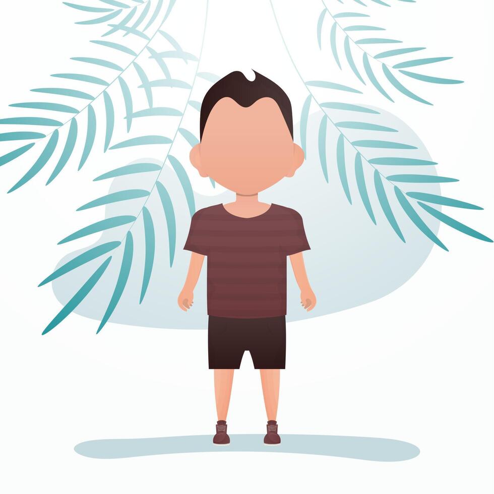 A cute little baby boy is standing in the room. Banner with a child. illustration in cartoon style. vector