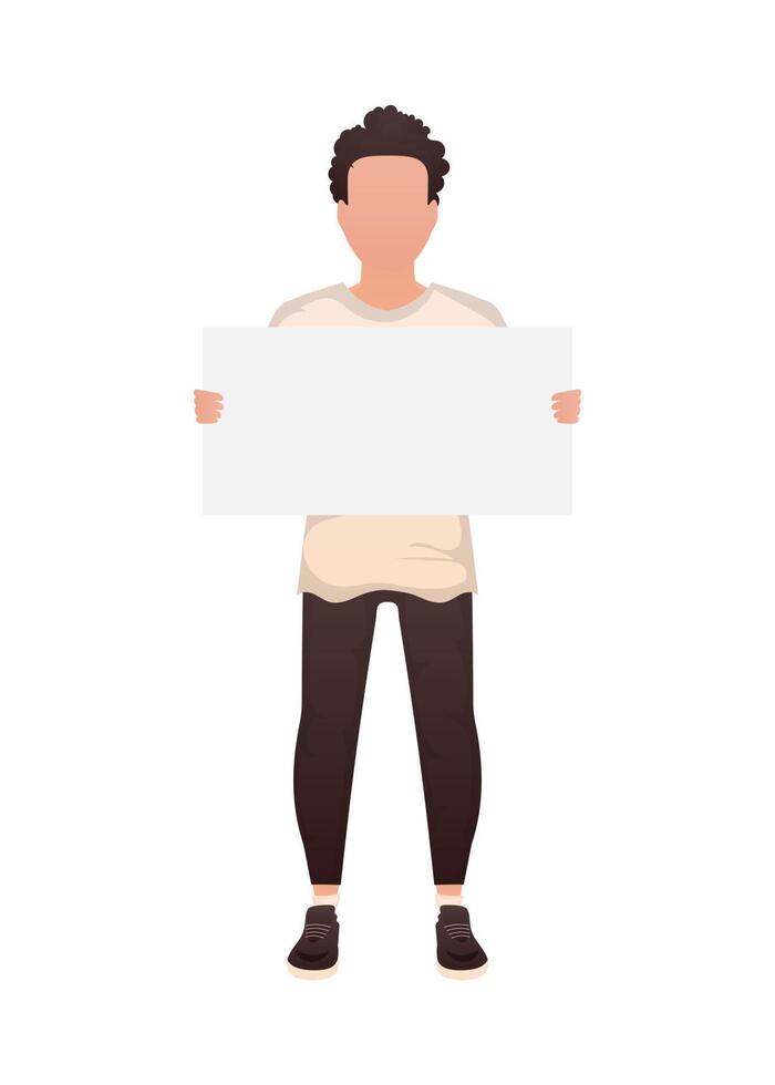 A man is in full growth and holds a blank sheet in his hands. Isolated. Cartoon style. vector