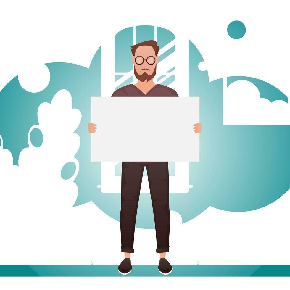 A guy of strong physique in full growth holds an empty sign in his hands. Place for your advertisement. Cartoon style. vector