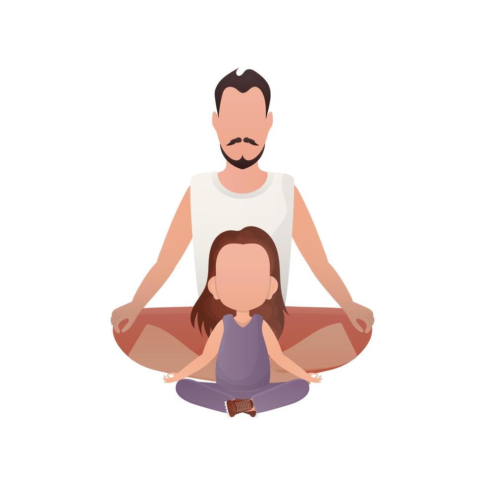 Dad and daughter are sitting doing yoga in the lotus position. Isolated. Cartoon style. vector