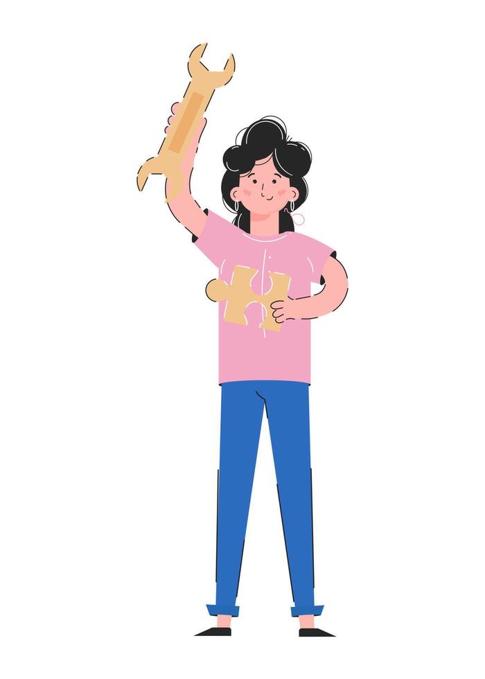 The girl holds a wrench and a puzzle in her hands. Isolated on white background. Good for apps, presentations and websites. Vector. vector