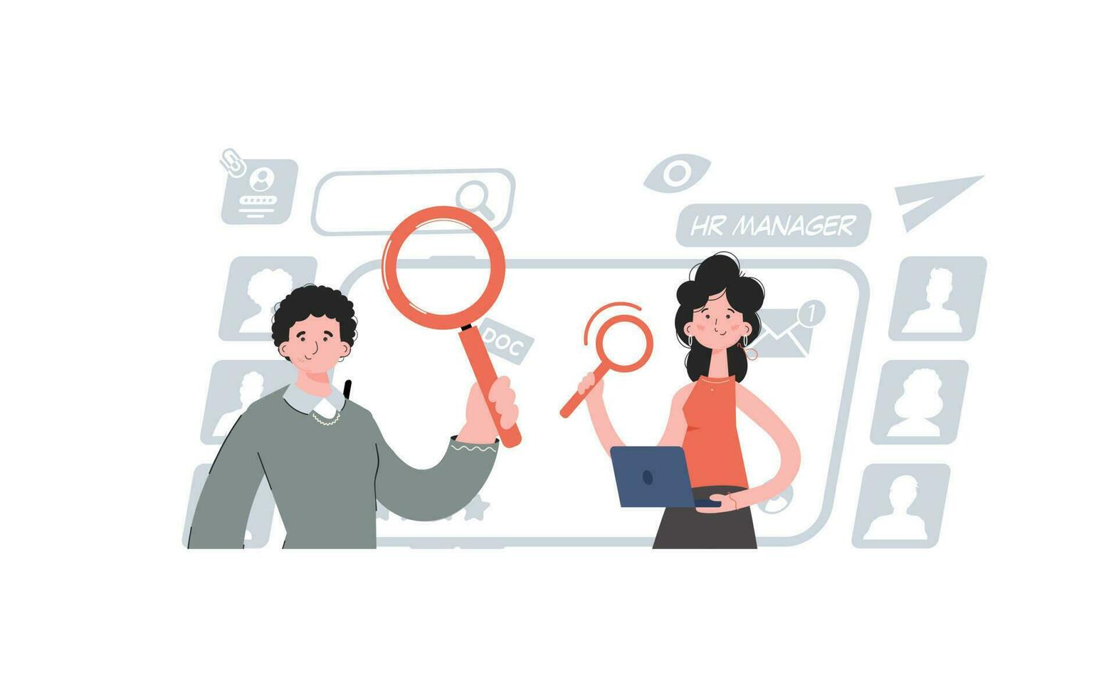 A man and a woman stand with a belt and hold a magnifying glass in their hands. Search Element for presentations, sites. vector