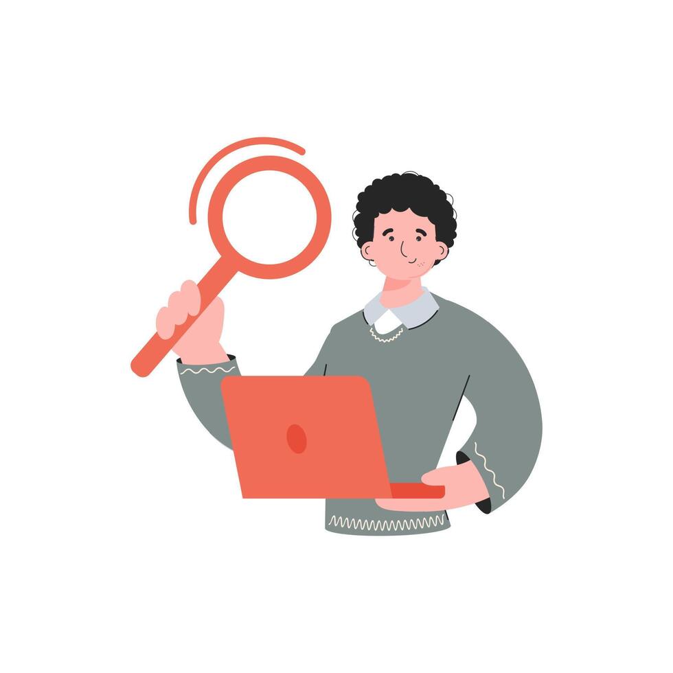 The guy is waist-deep holding a computer and a magnifying glass. Isolated. Element for presentations, sites. vector
