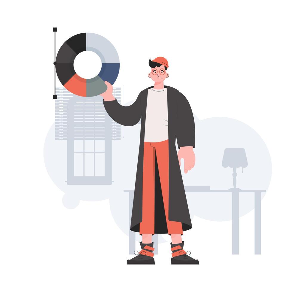 A man stands in full growth and holds a color palette in his hands. Art. Element for presentations, sites. vector