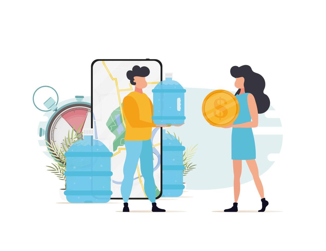 A bottle of water is given to the girl by the courier. The concept of delivering drinking water to your home. The style is cartoonish. Illustration in format. vector