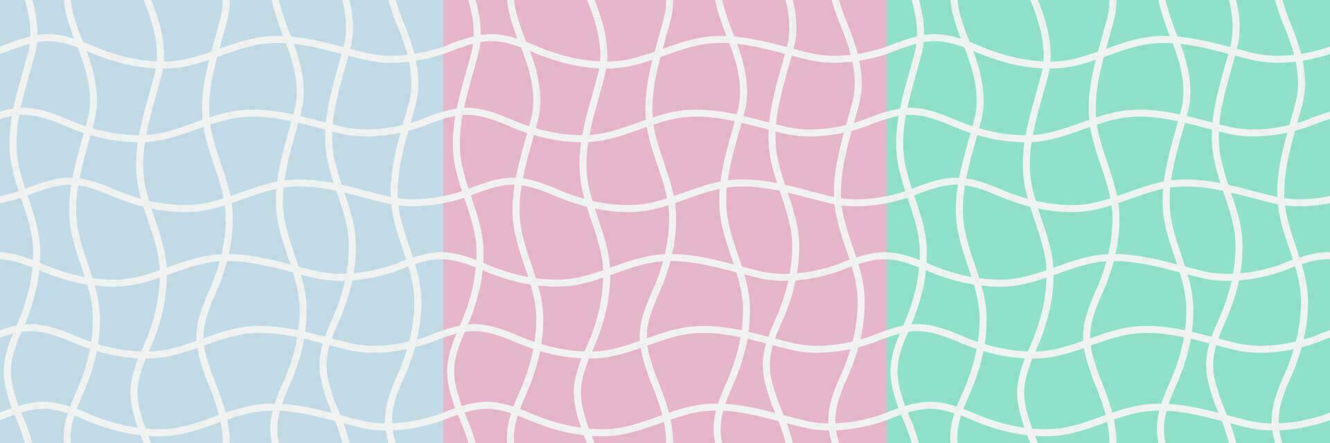 Cute Cartoon Set of Distorted Groovy Chessboard Seamless Pattern. Retro Style for Print on Textile, Wrapping Paper. Vector Pastel Background