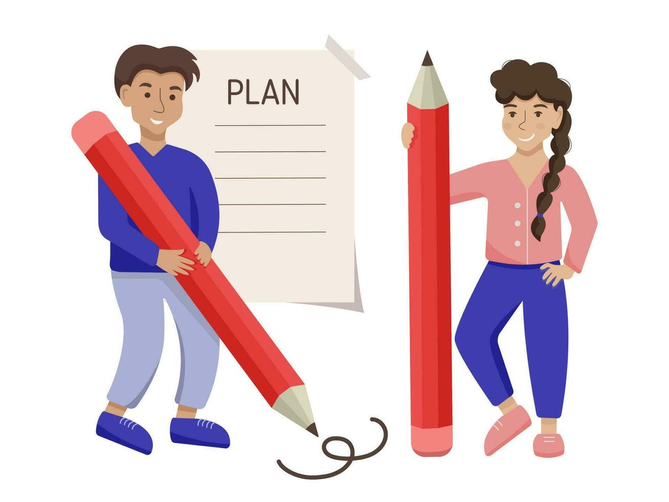 Flat cartoon busy characters students standing with big pencils. Learning, writing, planning concept. Effective daily planning and time management. Education or school vector illustration.