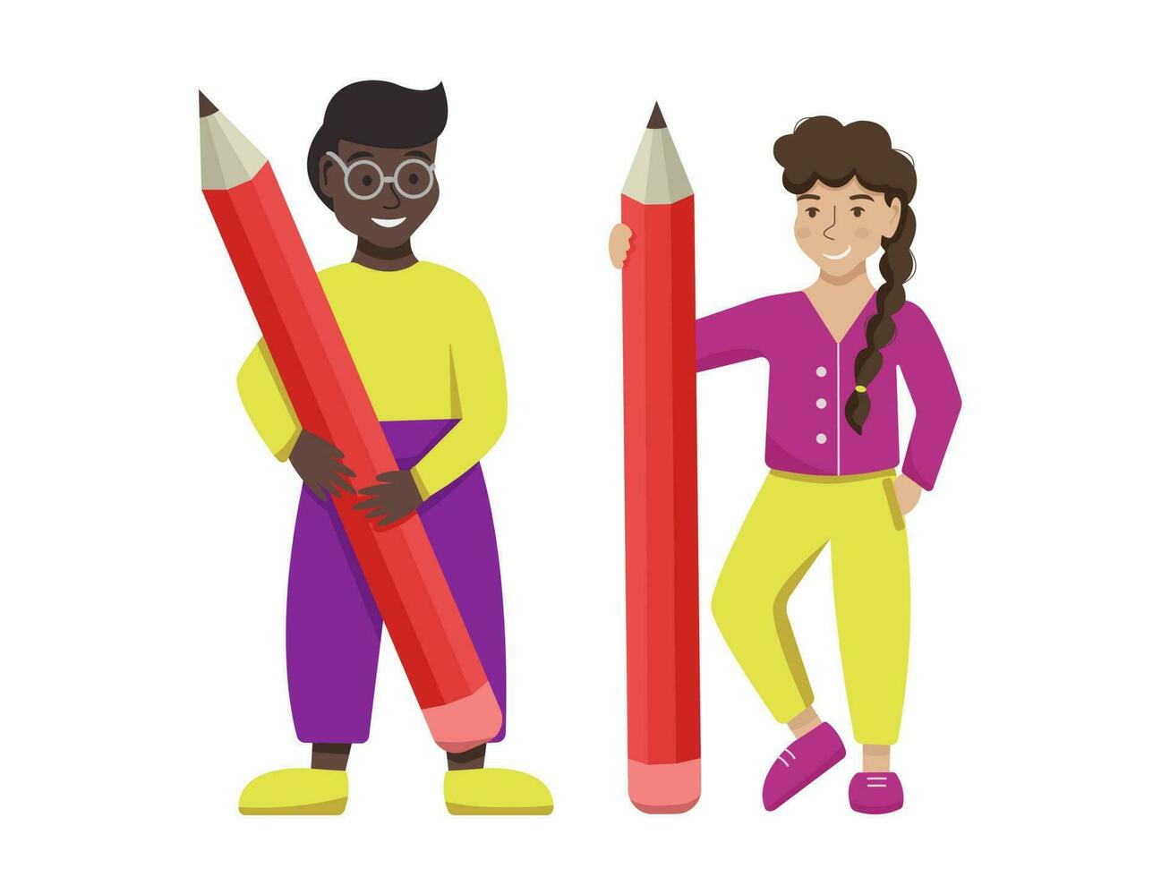 Vector flat cartoon busy characters students standing with big pencils. Education, learning, writing, planning concept. Effective daily planning and time management.