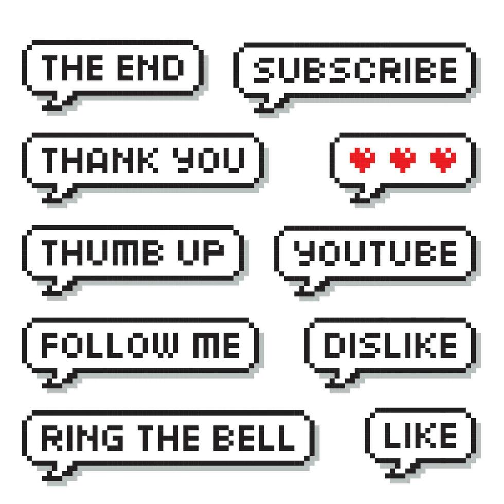 Pixel art 8-bit retro game style speech bubbles set with text, thank you, follow me, like, heart, subscribe, isolated. vector