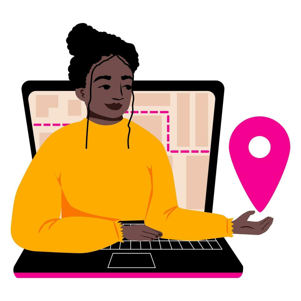 geolocalización y navegación, GPS, orientación en lugar. Actual ubicación concepto. en línea mapa en el ordenador portátil. mujer afro vector ilustración