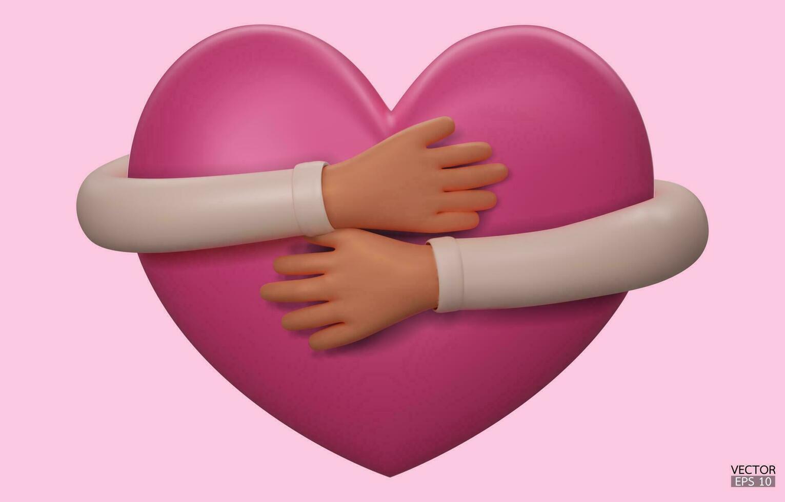 3D hands hugging a pink heart with love. Cartoon Hand embracing heart with white sleeve isolated on pink background. love yourself. Used for posters, postcards, t-shirt prints. 3D vector illustration.