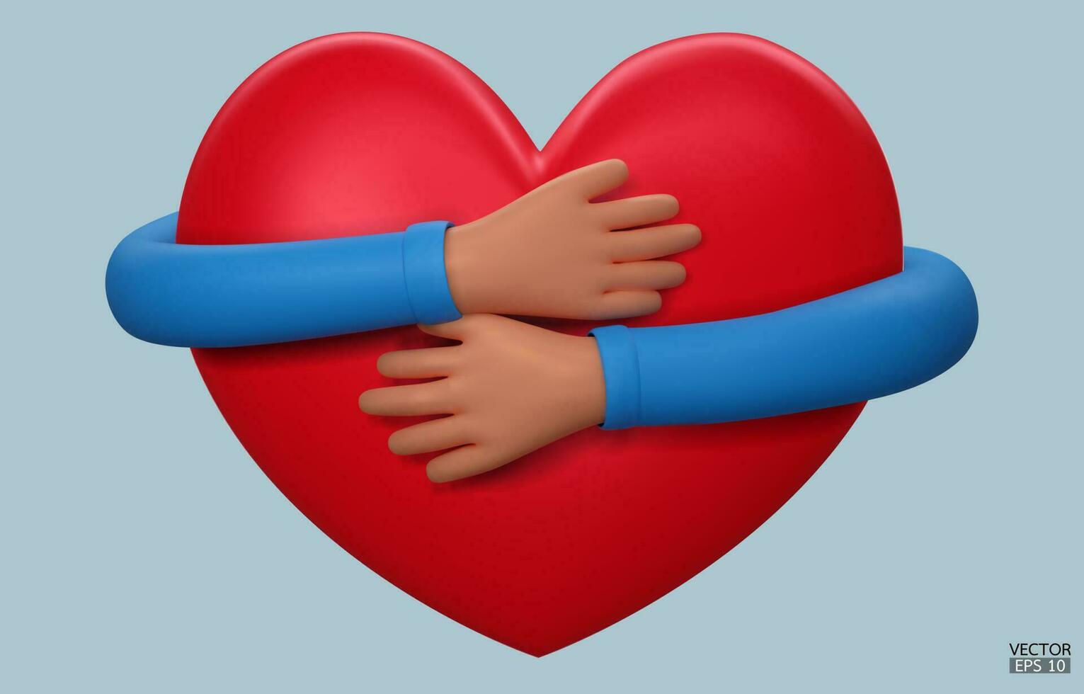 3D hands hugging a red heart with love. Cartoon Hand embracing heart with blue sleeve isolated on blue background. love yourself. Used for posters, postcards, t-shirt prints. 3D vector illustration.