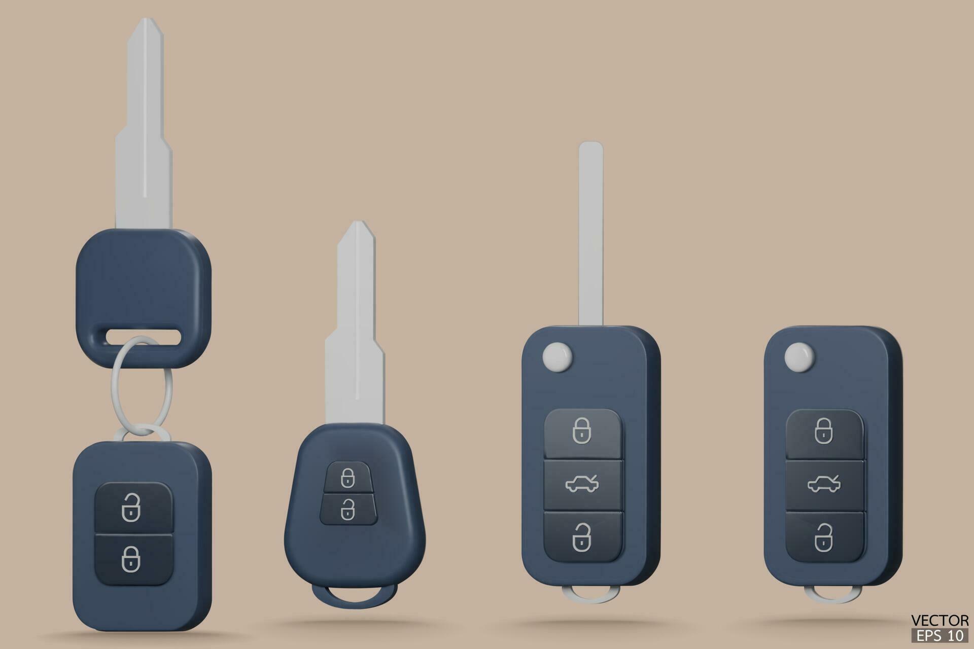 Set of electronic car keys with alarm system. Realistic blue car keys