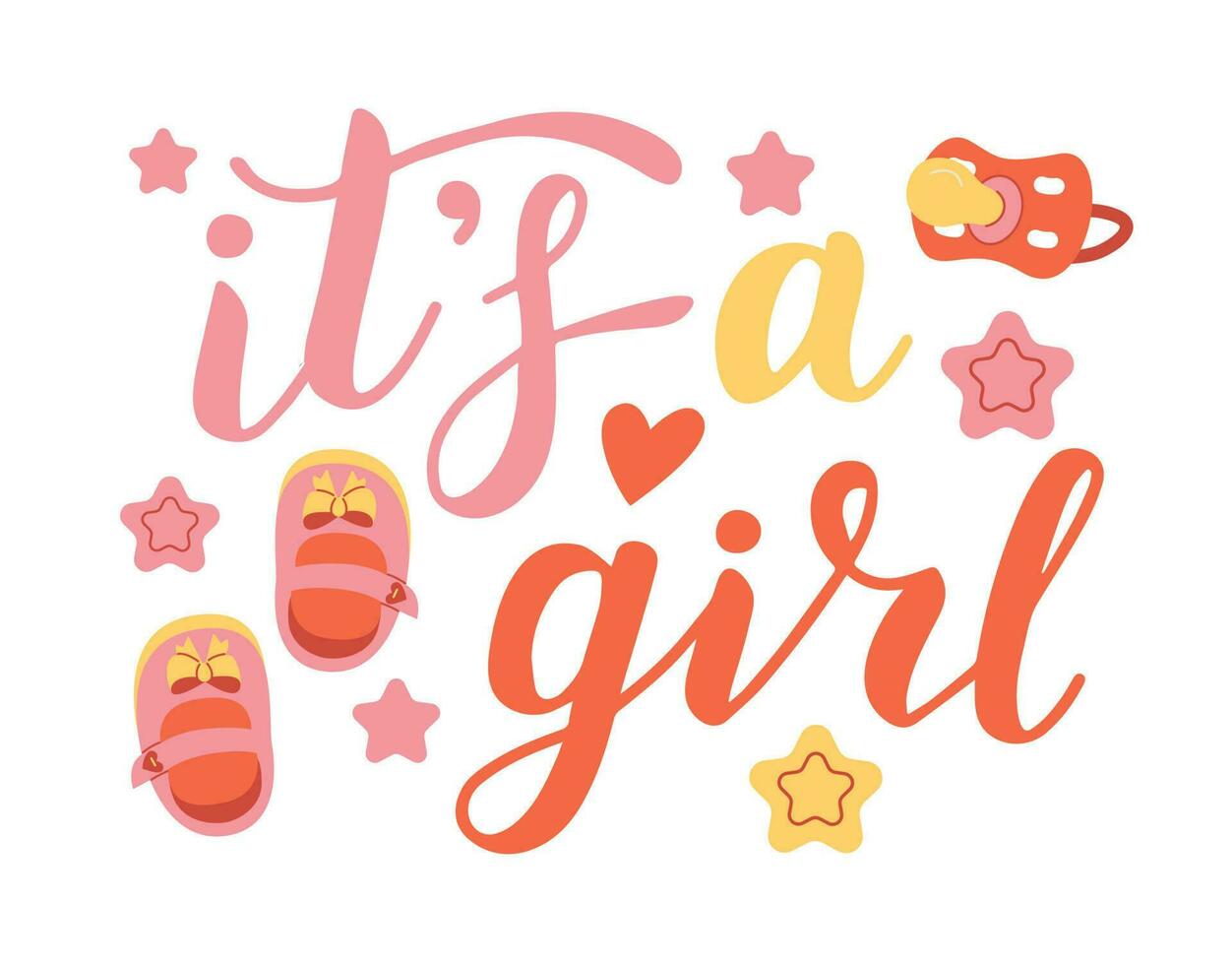 It's a girl, lettering written with elegant calligraphic font and decorated with booties, dummy. Gender party concept. vector