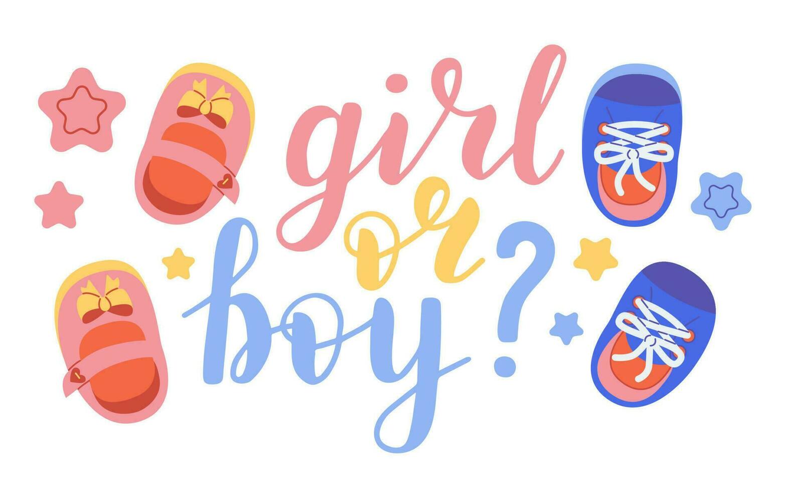 Girl or boy, lettering written with elegant calligraphic font and decorated with booties, dummy. Gender party concept. vector