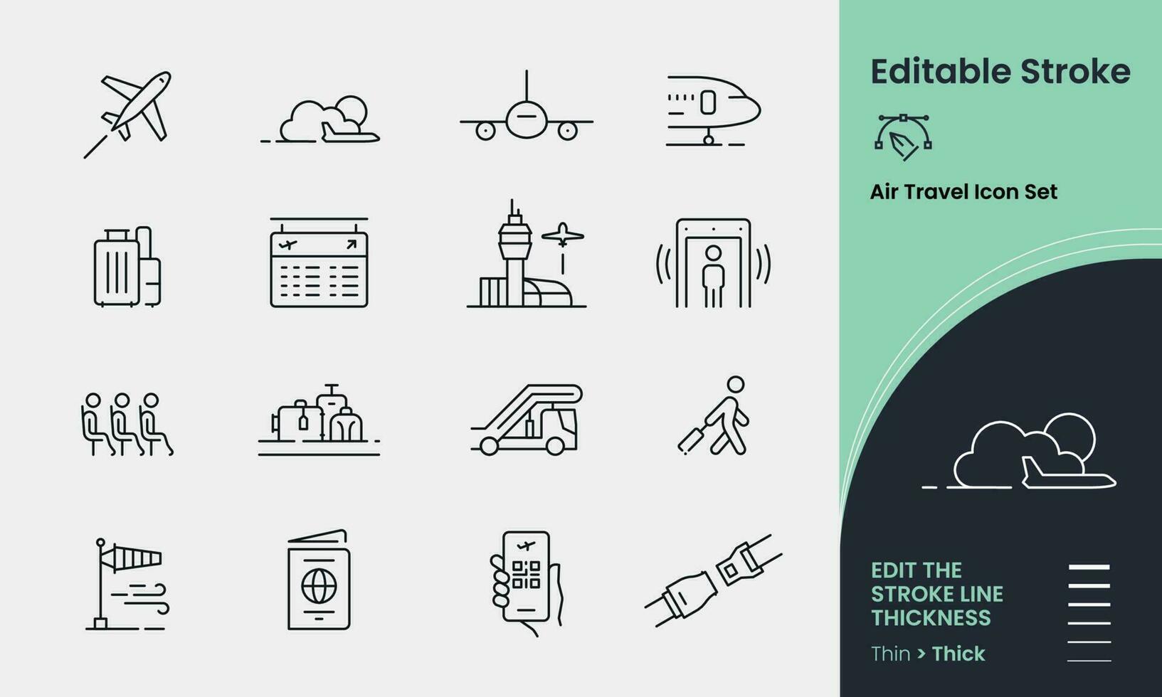 Air Travel Icon collection containing 16 editable stroke icons. Perfect for logos, stats and infographics. Edit the thickness of the line in any vector capable app.