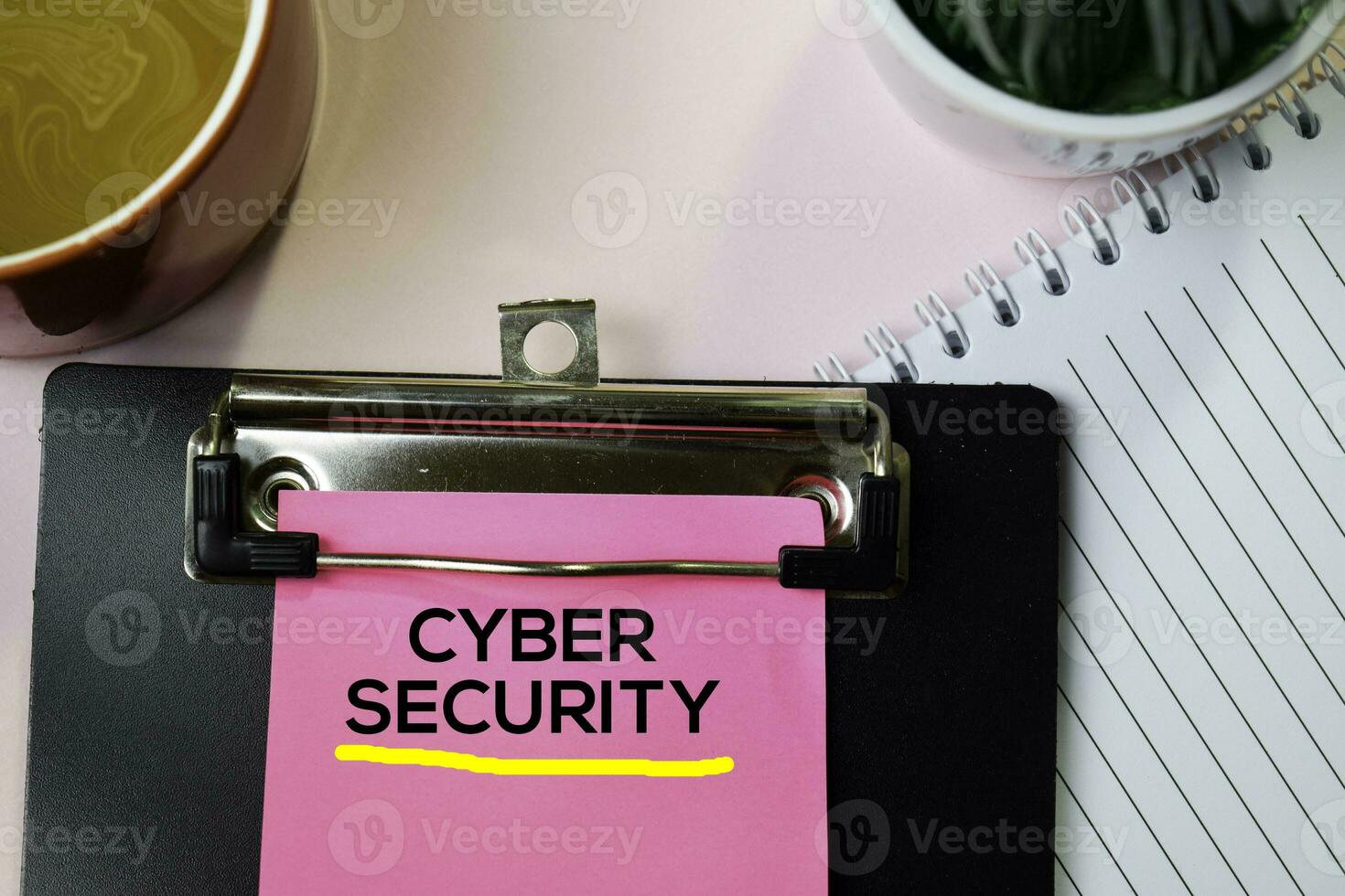 Cyber Security text on sticky notes with office desk concept photo