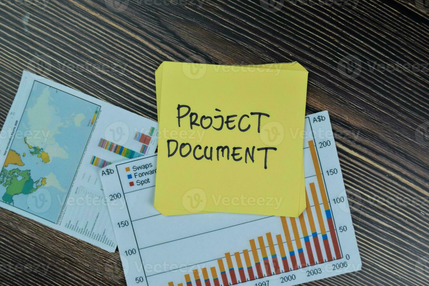 Concept of Project Document write on sticky notes isolated on Wooden Table. photo