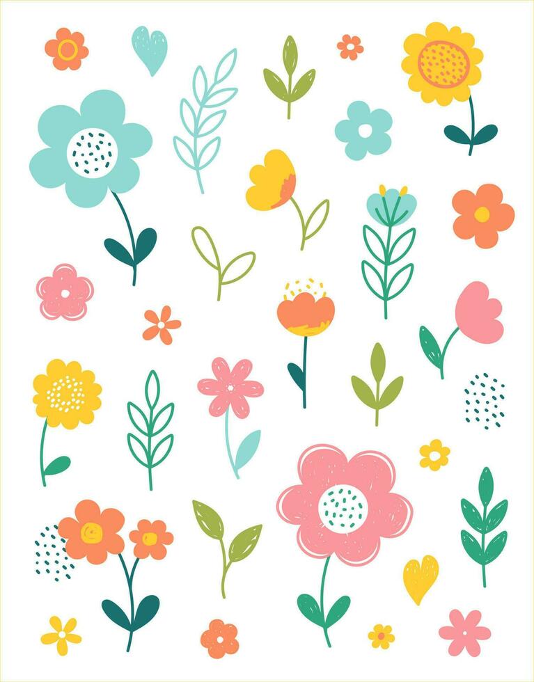 Set of spring summer flowers hand drawn and painted. Flat design vector