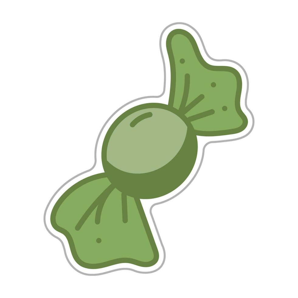 Sticker with round candy in a wrapper. Cartoon vector color illustration.