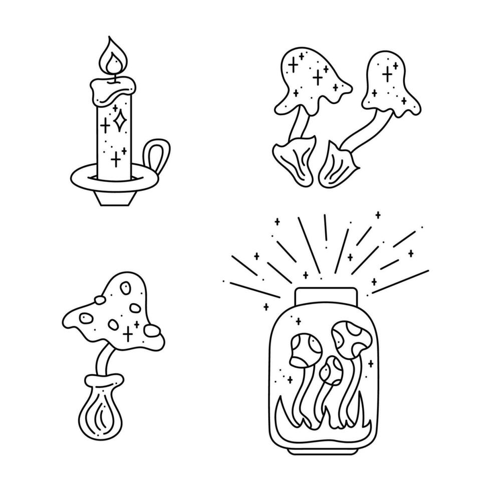 A small magic set with a candle and mushrooms. Doodle vector illustration, clipart.