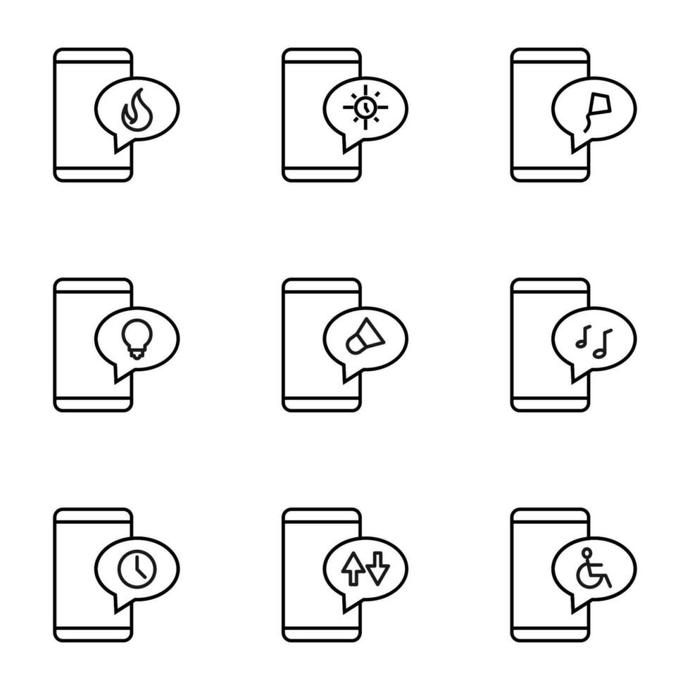 vector contorno señales y símbolos dibujado en plano estilo con negro Delgado línea. editable trazos línea íconos de fuego, reloj, cometa, ligero bulbo en habla burbuja por teléfono inteligente