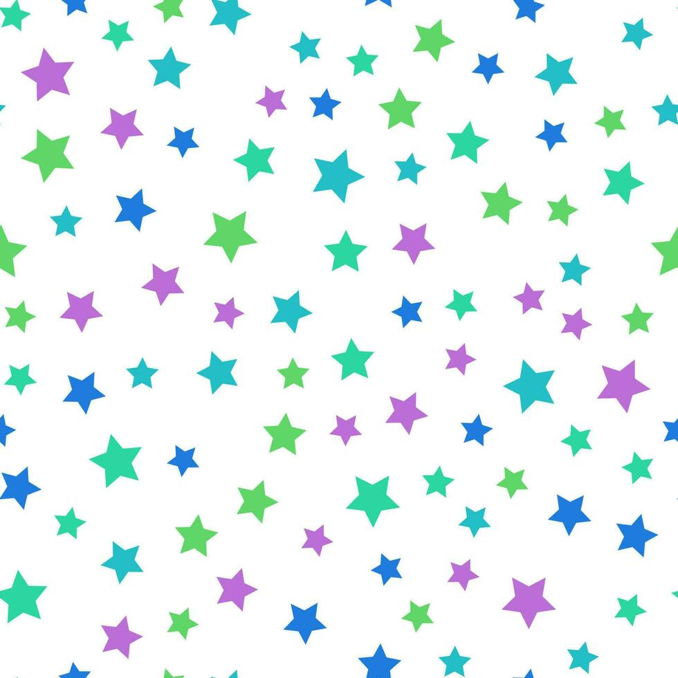 Seamless repeating pattern of vivid green, purple, blue stars on white background for fabric, textile, papers and other various surfaces vector