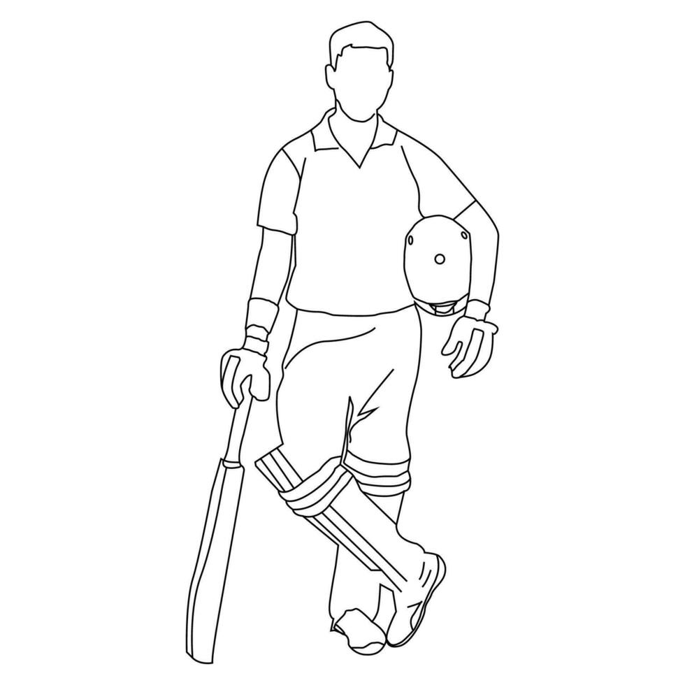Cricket Player Stand With Bat Line art Vector Illustration