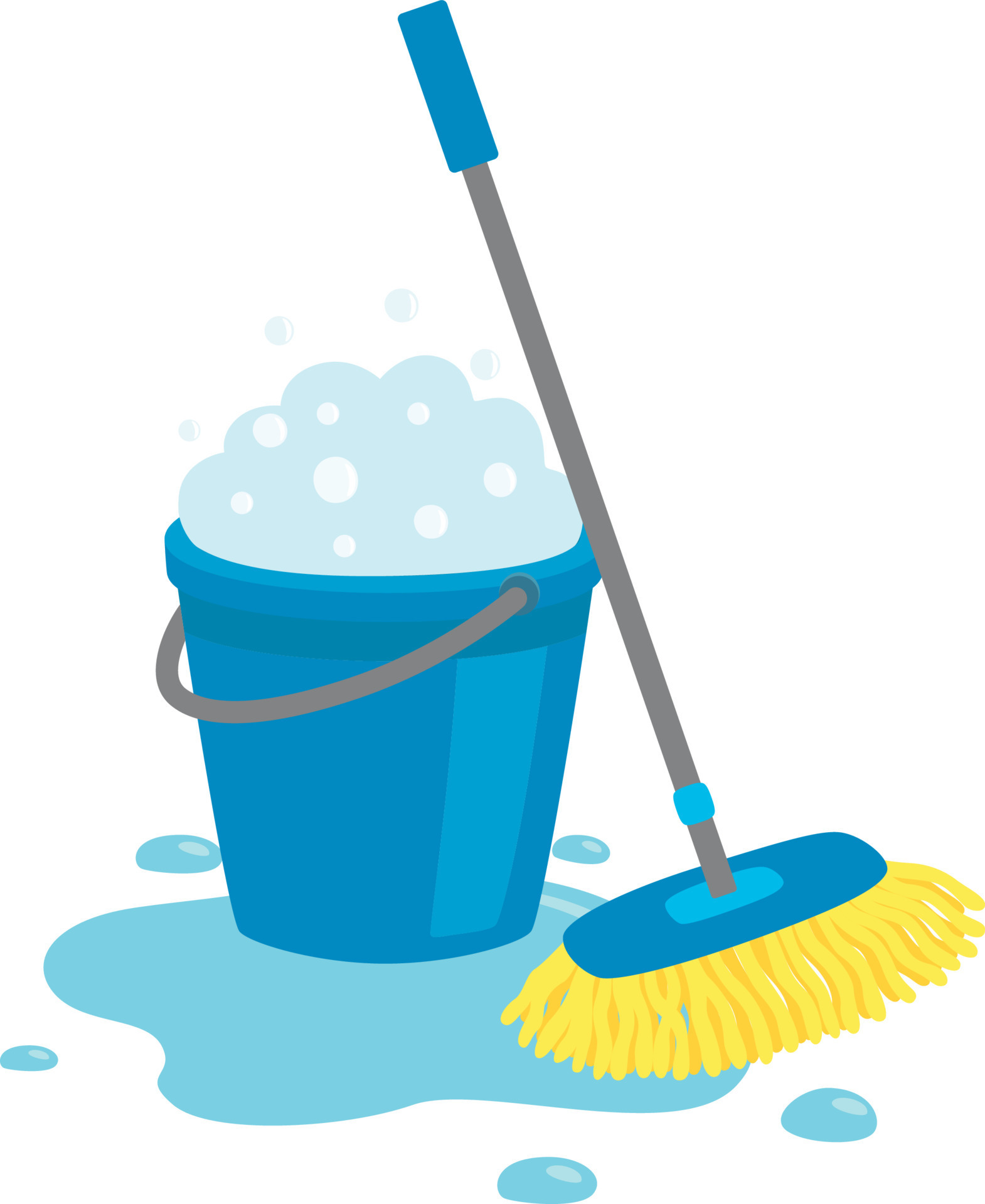 Mop and blue bucket full of soapy foam with bubbles, in a puddle of