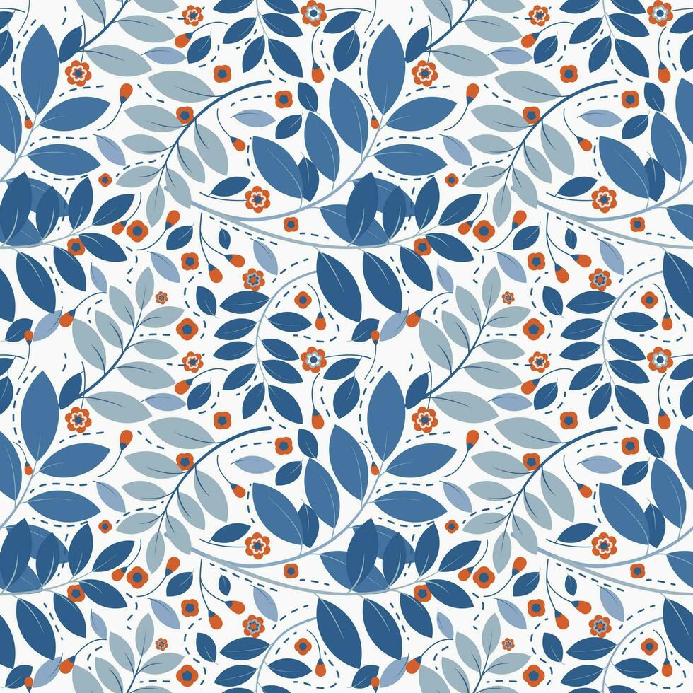 vector background seamless pattern of blue leaves and orange flowers on white background.idea for a book cover design.gift wrapping paper or paper for product design.vector illustration.