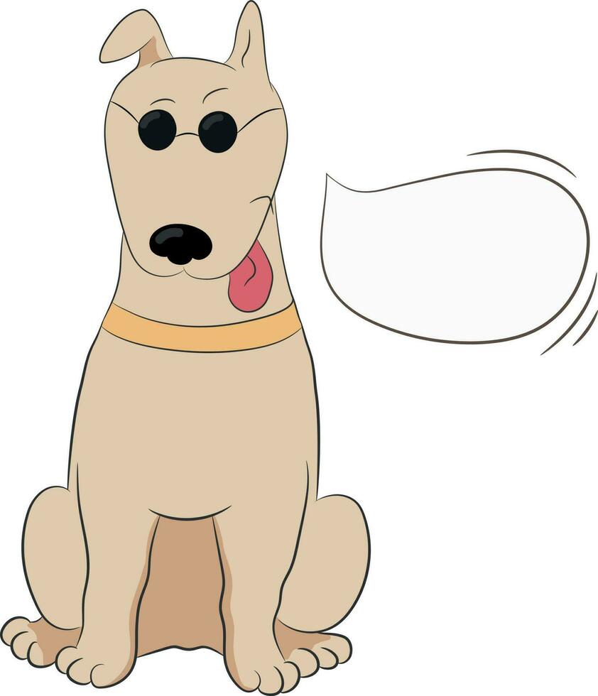 Cartoon dog in sun glasses with a speech bubble isolated on white. Hand drawn vector art