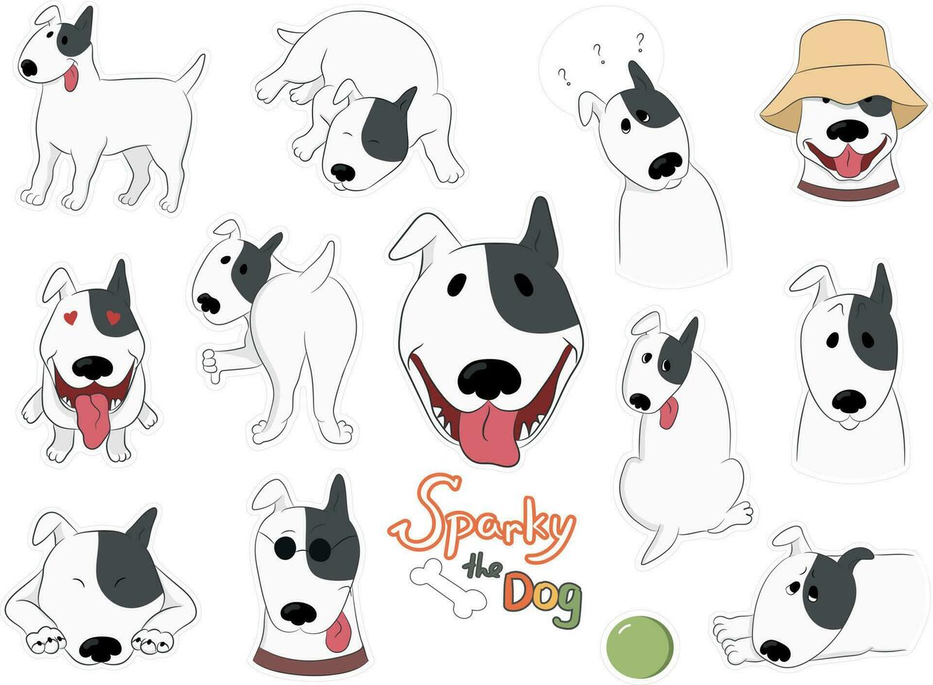 Cartoon dog stickers with a funny bull terrier Sparky isolated on white. Hand drawn vector art