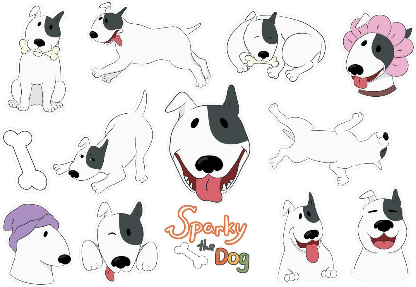 dibujos animados perro pegatinas con un gracioso toro terrier chispeante aislado en blanco. mano dibujado vector Arte