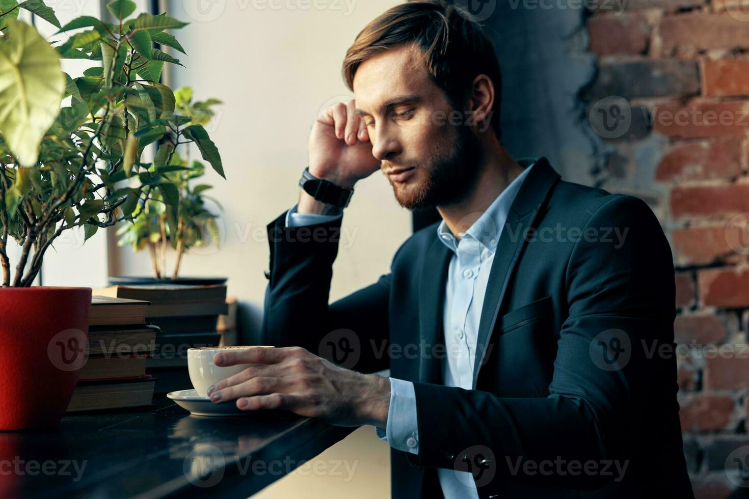business man in suit sitting in cafe breakfast lifestyle Professional photo