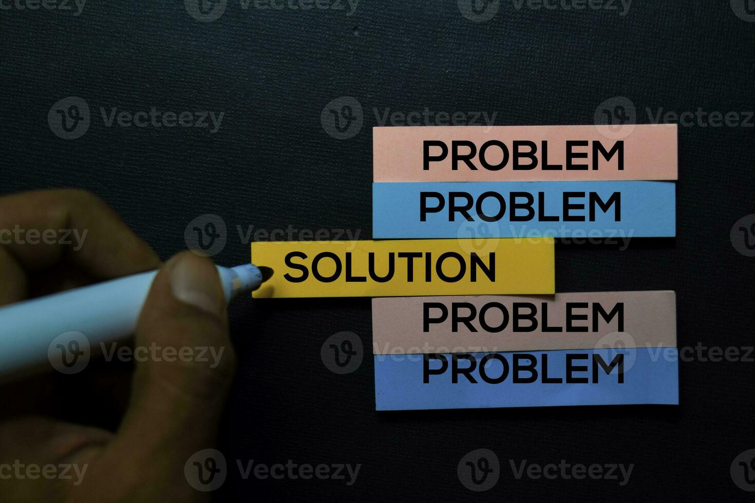 Problem or Solution text on sticky notes isolated on Black desk. Mechanism Strategy Concept photo